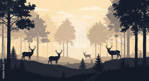 Majestic Deer Silhouettes in Misty Forest Landscape at Sunrise