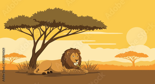 Majestic Lion Resting Under Acacia Tree in African Savannah Sunset