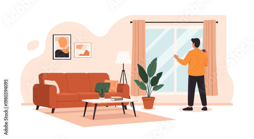 Man admiring modern living room interior with sofa, coffee table, and large window