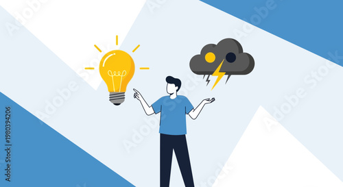 Man balancing idea lightbulb and storm cloud, symbolizing decision making and problem solving