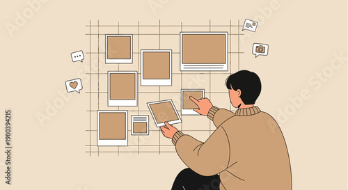Man arranging photos on a grid wall, planning project, inspiration board, creative process