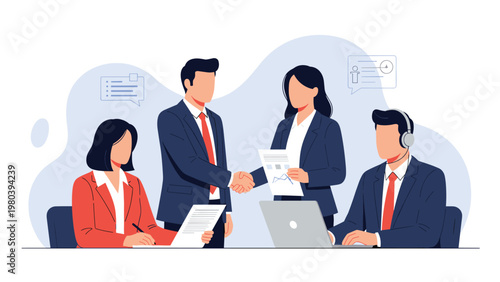 Professional team of business people having a meeting in an office while two colleagues shake hands to finalize a successful deal.