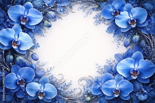 Elegant floral frame with vibrant blue orchids in classic blue tones