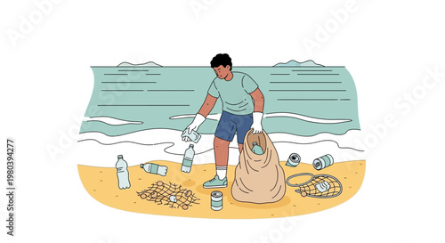 Man collecting plastic trash on beach, environmental cleanup, ocean pollution concept
