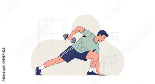 Man doing dumbbell triceps extension exercise in a lunge position at home