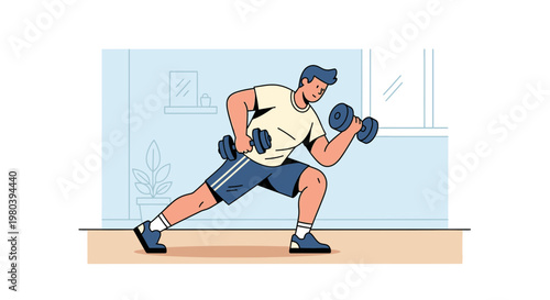 Man doing lunges with dumbbells, home workout, fitness, strength training