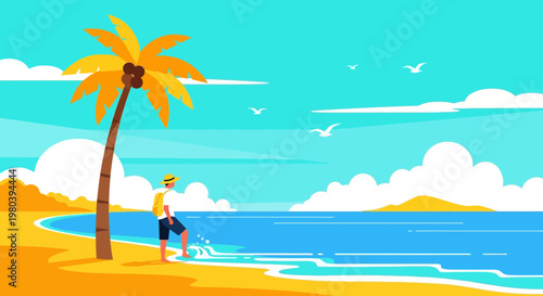 Man Enjoying Tropical Beach Vacation, Palm Tree and Ocean View