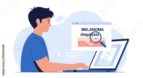 Man Diagnosing Melanoma Online Using Laptop and Magnifying Glass
