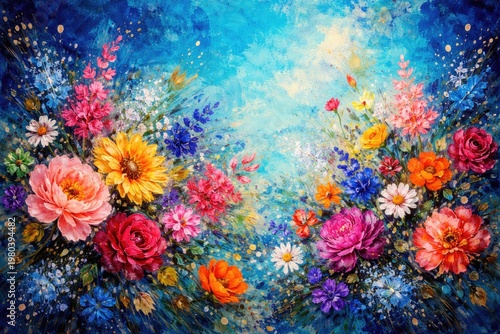 vibrant blue background with colorful floral painting and artistic texture