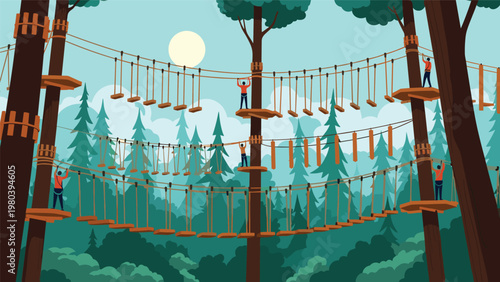 Group of adventurous people navigating a challenging ropes course and wooden bridges high up in the trees of a lush green forest.