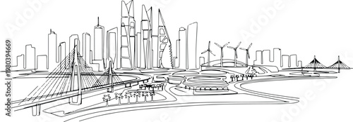 Continuous single line drawing of Manama skyline, Bahrain capital city landmark outline