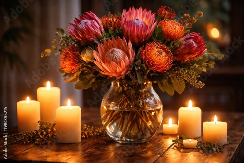 Glowing candles alongside vibrant protea flowers arranged in a glass vase on a wooden surface