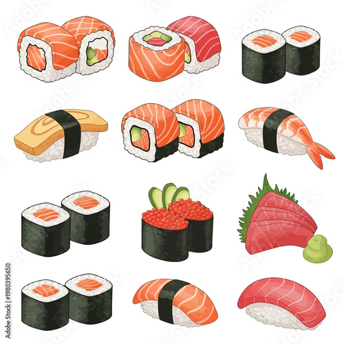 Variety of sushi and sashimi pieces on white background
