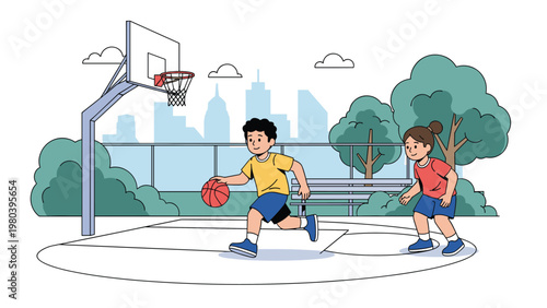 Energetic boy and girl playing basketball on an outdoor court in the city with trees and buildings visible in the background.