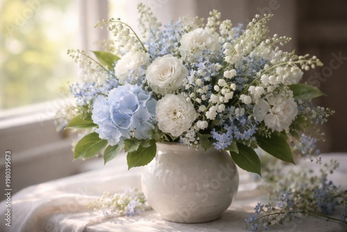 Delicate blue and white flower bouquet in a ceramic vase with Lily of the Valley softly lit by natural light background