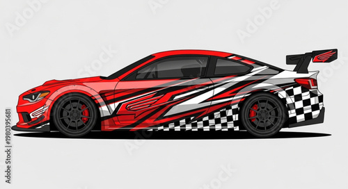 Red Sports Car with Racing Decals and Spoiler.