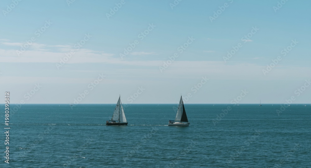 Fototapeta premium Two sailboats navigating tranquil ocean waters under clear sky