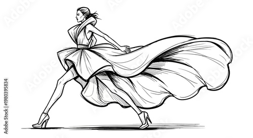 Dynamic fashion sketch of a woman in a flowing gown, showcasing elegant movement and high-fashion style, perfect for design and illustration projects