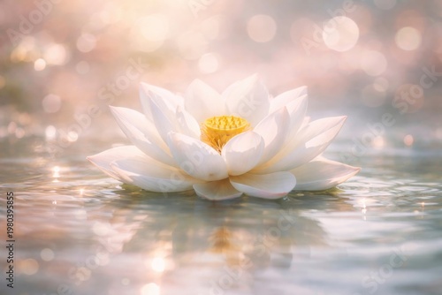White lotus flower floating gently on water with soft bokeh reflection on pastel color background