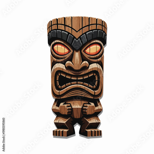 Stylized brown wooden tribal mask with fierce orange eyes and bared teeth