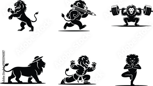 Black and white of lions in various poses and activities fitness yoga martial arts