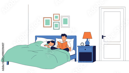 Young couple in a cozy bedroom with a man reading a book while the woman sleeps peacefully under a green blanket at night.