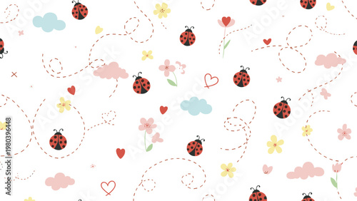 Seamless pattern featuring cute ladybugs, colorful flowers, hearts, and clouds with dotted flight paths on a clean white background.