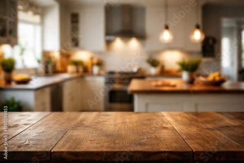 Blurred kitchen room with wooden table top for product presentation