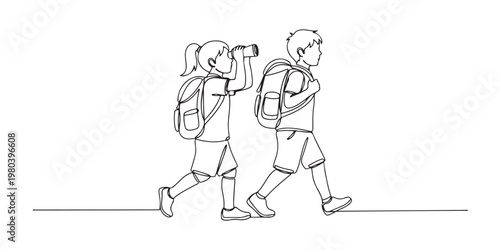 Two children hiking, one looking through binoculars with both carrying backpacks, line art drawing style. vector illustration 