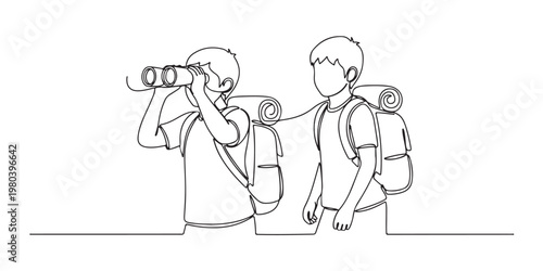 Two young travelers with backpacks using binoculars continuous line art.
