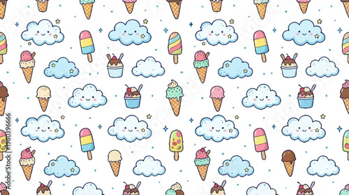 Playful pastel cloud and ice cream pattern for textiles and graphics.
