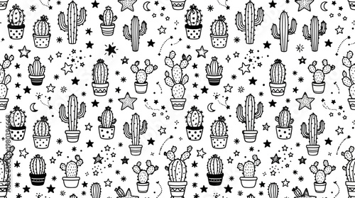 Monochrome Pattern of Cacti and Desert Plants in Repetitive Line Art.