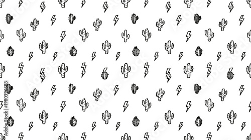 Monochrome seamless cactus pattern with tiny hand-drawn doodle motifs in a black and white decorative design.