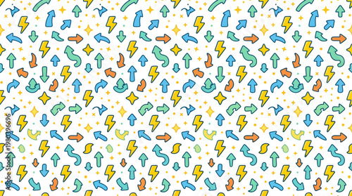 Colorful Seamless Doodle Pattern with Abstract Icons and Decorative Elements.
