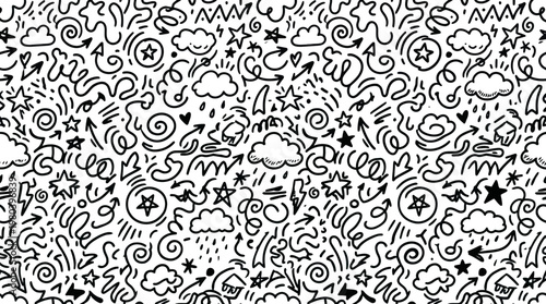 Intricate black and white abstract doodle pattern with swirling motifs.