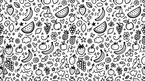 Monochrome doodle fruit pattern with watermelons berries and leaves in seamless illustration.
