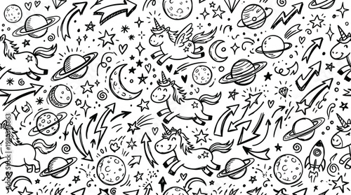 Playful Space Doodle Pattern with Rockets Planets Stars and Moons.