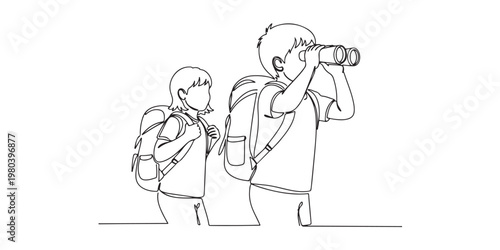 Two young travelers with backpacks using binoculars continuous line art.