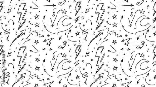 Abstract seamless doodle pattern with lightning, clouds, stars and swirls in monochrome for decorative backgrounds.