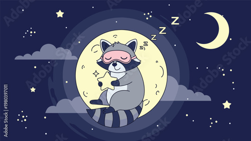 Adorable cartoon raccoon wearing a sleep mask and hugging a star while sleeping peacefully on a crescent moon in the night sky.
