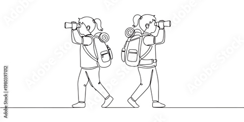 Two young travelers with backpacks using binoculars continuous line art.