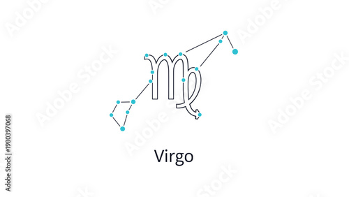 Virgo astrological zodiac sign symbol combined with its star constellation diagram in a minimalist turquoise and black design.