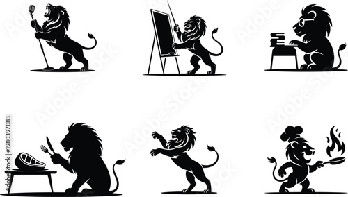 Black silhouettes of lions engaging in various human activities white background various activities