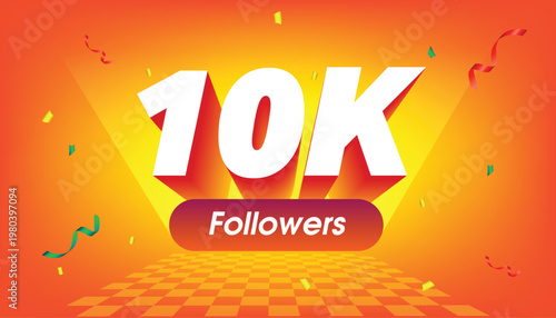3D celebratory graphic featuring the milestone "10K Followers" in bold white typography with a deep red extrusion. The design is set against a dynamic orange-to-yellow gradient background.