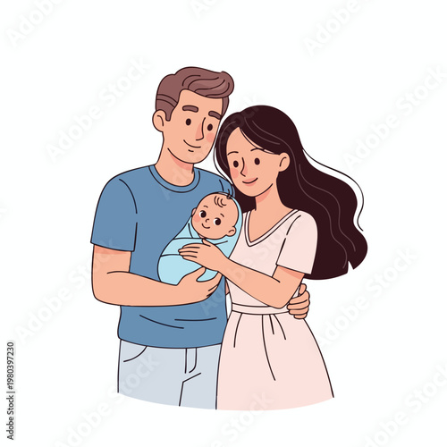 A tender moment parents embrace their newborn, swaddled in blue