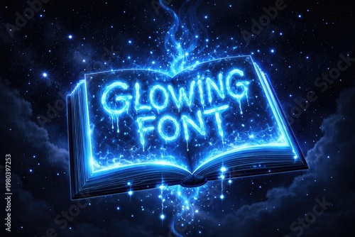 A glowing publication with electric blue liquid font floating over a dark star filled sky