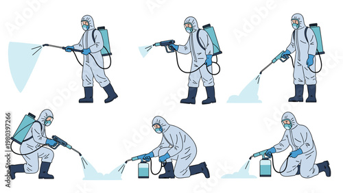 Collection of specialized workers wearing protective hazmat suits while performing disinfection and chemical spraying tasks in various poses.