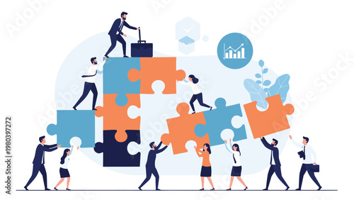 Diverse group of business professionals working together to assemble large colorful puzzle pieces representing teamwork and collaboration.