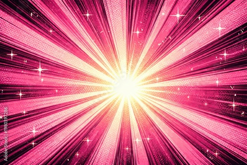 Retro comic style illustration featuring radiant pink beams with halftone gradient effect