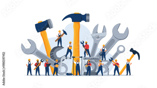Team of small construction workers and technicians using massive hammers, wrenches, and screwdrivers to build or repair a structure.